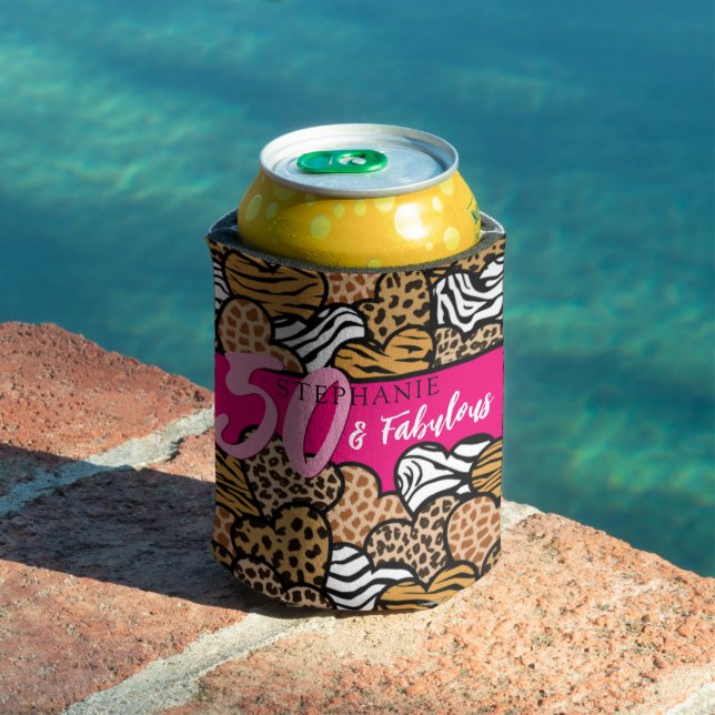 50 and Fabulous Stylish Pink Animal Print Hearts  Can Cooler (In Situ Pool)