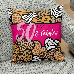 50 and Fabulous Stylish Pink Animal Print Hearts  Throw Pillow