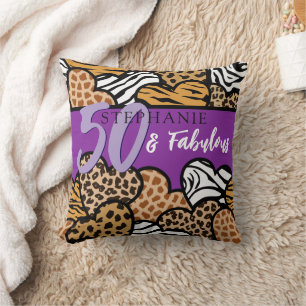 50 and Fabulous Stylish Purple Animal Print Heart Throw Pillow