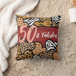 50 and Fabulous Stylish Red Animal Print Hearts Throw Pillow