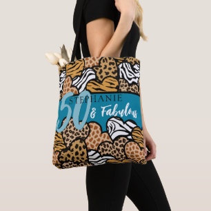 50 and Fabulous Stylish Teal Animal Print Hearts  Tote Bag