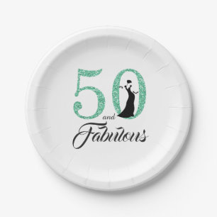 50 and Fabulous Turquoise Glitter Birthday Party Paper Plate