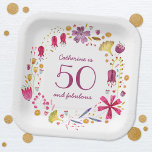 50 and Fabulous Watercolor Floral Name Birthday Paper Plate<br><div class="desc">A pretty modern botanical floral watercolor wreath surrounding 50 and Fabulous typography.  Personalize by changing the name,  age and message.  Original art by Nic Squirrell.</div>