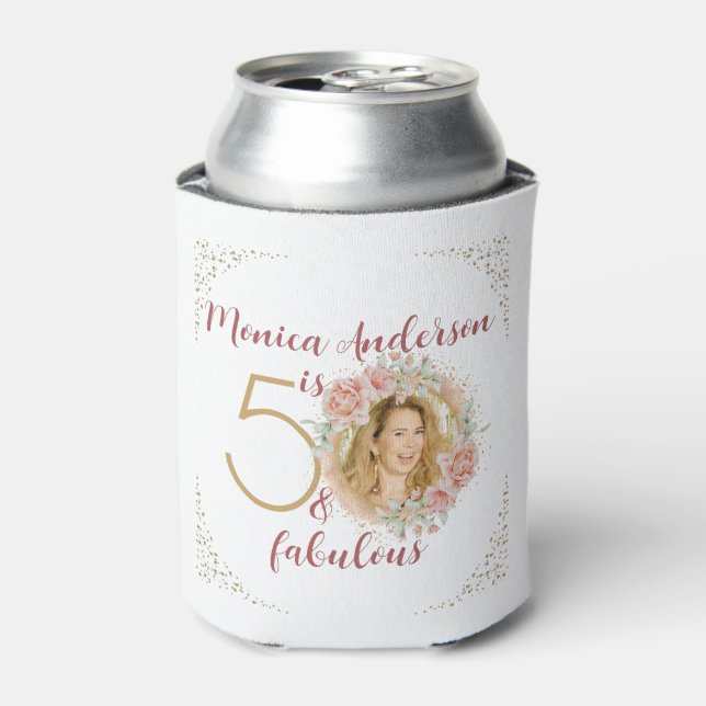 50 and Fabulous Watercolor Floral Photo Name Can Cooler (Can Front)