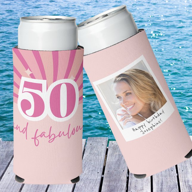 50 and fabulous WITH PHOTO, retro birthday Seltzer Can Cooler (50 and fabulous personalized photo can cooler, retro 50th birthday party gift)