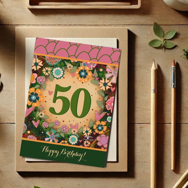 50 Anniversaire Floral rose carte d'assurance vert (Créateur téléchargé)