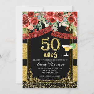 50 años Red Roses Mexican Birthday  Invitation