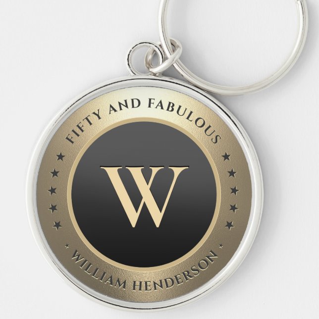 50 Birthday Monogram Modern Elegant Black Gold  Keychain (Front)