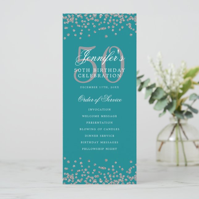 50 Birthday Program Menu Thank U Silver Turquoise (Standing Front)
