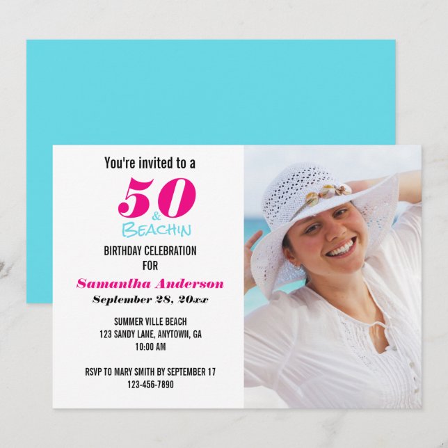 50 et Beachin Anniversaire Fête Photo Invitation (Devant / Derrière)