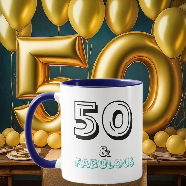 50 et fabuleux Anniversaire Blue Typography Mug (Left with Background)