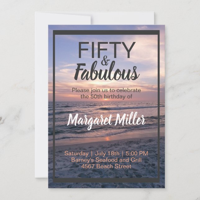 50 et Fabulous Beach Sunset Invitation d'anniversa (Devant)