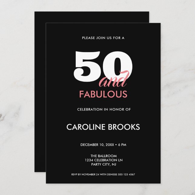 50 et Fabulous Black 50e anniversaire Invitation (Devant / Derrière)