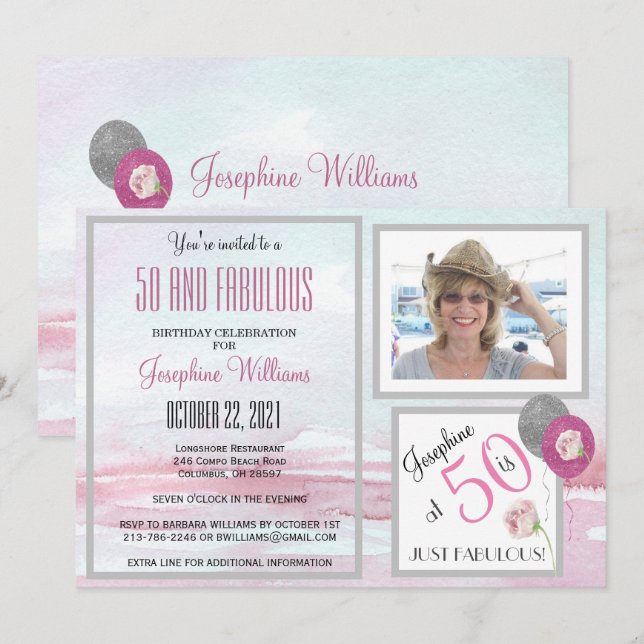 50 et Fabulous Party Invitation rose (Devant / Derrière)