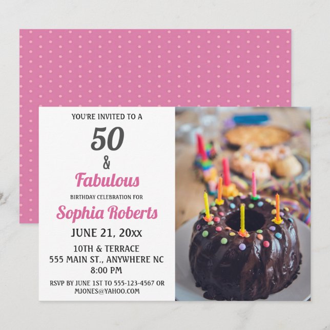 50 et Fabulous rose 50e anniversaire Invitation (Devant / Derrière)