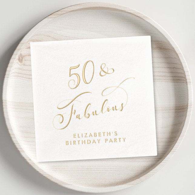 50 Fabuleux 50e Anniversaire de la fête Gold (Elevate your 50th birthday party decor with these elegant "50 & Fabulous" foil napkins)