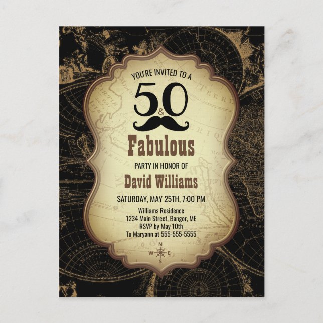 50 Fabuleux Moustache Carte Vintage Anniversaire (Devant)