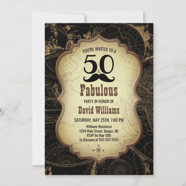 50 Fabuleux Moustache Carte Vintage Anniversaire (Devant)