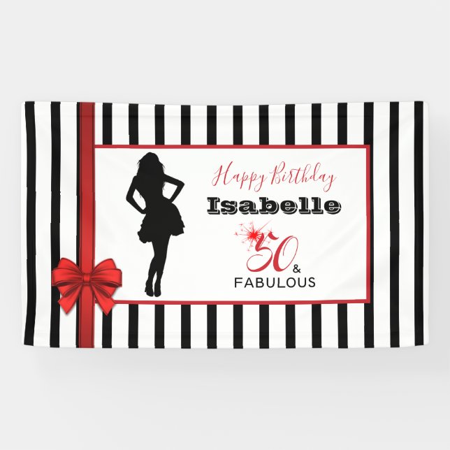 50 & FABULOUS 50th Birthday Black/White Stripes Banner (Horizontal)