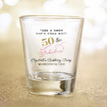 50 Fabulous 50th Birthday Pink Gold Party Favour Shot Glass<br><div class="desc">Fun and chic 50th birthday party shot glass. "50 & Fabulous" is written in a a stylish gold,  pink and black script and you can personalize the "Take a Shot She's Still Hot" text,  her name and the party date.</div>