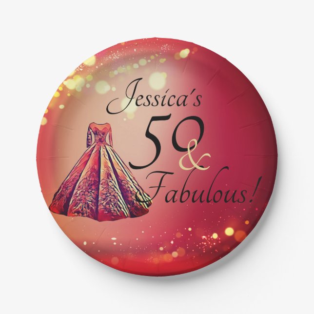 50 & Fabulous 50th Birthday Red Gold Sparkle Paper Plate (Front)