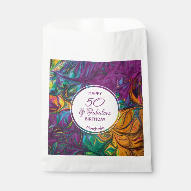 50 & Fabulous Abstract PURPLE Custom Party Paper Favour Bag (Front)