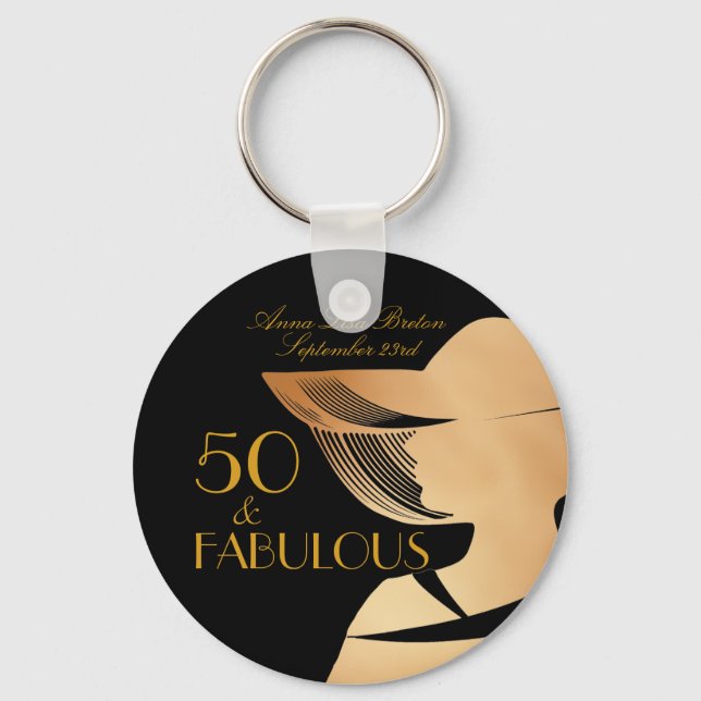 50 & Fabulous Art Deco Elegant gold 50th Birthday Keychain (Front)