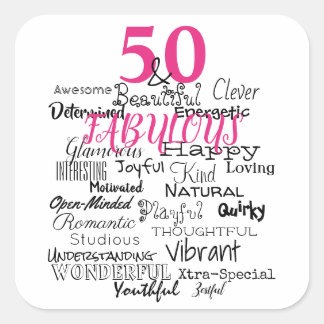 50 & Fabulous Birthday A to Z Typography Fun Pink Square Sticker