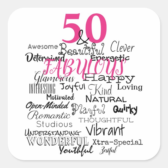 50 & Fabulous Birthday A to Z Typography Fun Pink Square Sticker (Front)