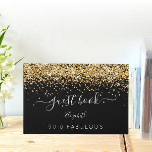 50 Fabulous birthday black gold glitter dust name Guest Book