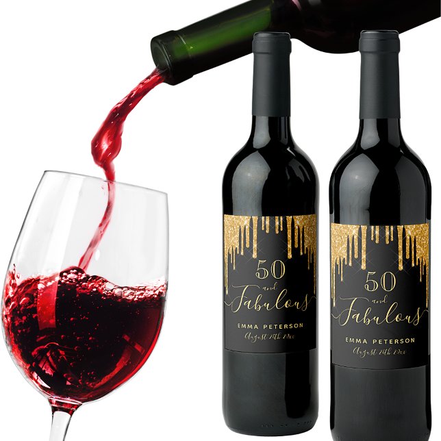 50 fabulous birthday black gold glitter sparkle wine label (Creator Uploaded)