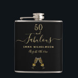 50 fabulous birthday black gold monogram friends hip flask<br><div class="desc">Simple and elegant 50th birthday gift for a woman from her friends or family. A classic chic black background with two champagne glasses, flutes as decor. With the text: 50 and fabulous. Personalize and add a name and a date. Golden coloured letters. The word Fabulous is written with a trendy...</div>
