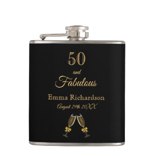 50 fabulous birthday black gold monogram hip flask