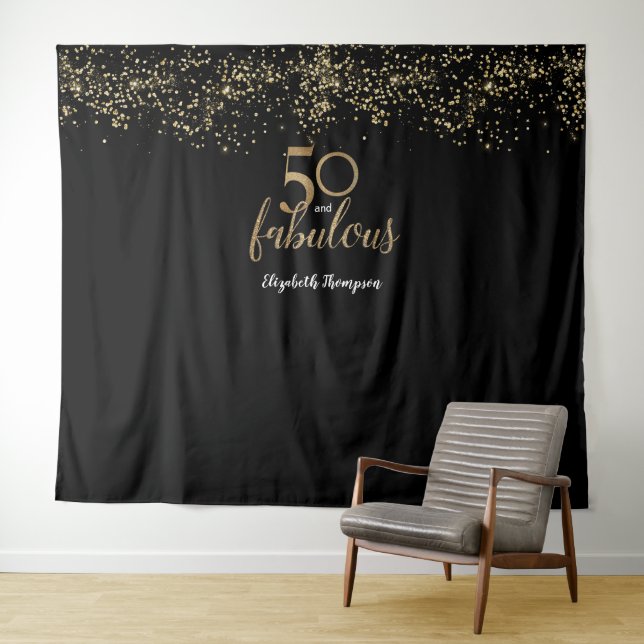 50 & Fabulous Birthday black gold Personalized Tapestry (In Situ (Horizontal))