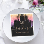 50 fabulous birthday black pink gold drips napkin<br><div class="desc">A trendy and glamorous 50th birthday napkin. A classic black background decorated faux glitter drips, paint dripping look in purple, pink and gold. With the text: 50 and fabulous. Personalize and add a name. Golden colored text. The word Fabulous is written with a modern hand lettered style script with swashes....</div>