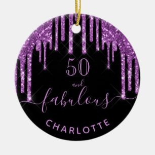 50 Fabulous birthday black purple glitter sparkle Ceramic Ornament