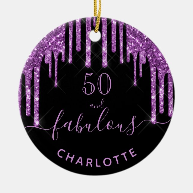 50 Fabulous birthday black purple glitter sparkle Ceramic Ornament (Front)