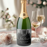 50 fabulous birthday black silver glitter drips sparkling wine label<br><div class="desc">Simple and elegant 50th birthday wine label. A classic black background decorated with faux silver glitter drips, paint dripping look. With the text: 50 and fabulous. Personalize and add a name and a date. Date of birth or the date of the party. Light grey text. The word Fabulous is written...</div>