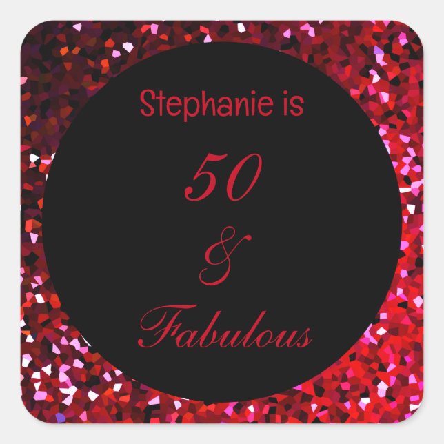 50 Fabulous Birthday Burgundy Red Pink Glitter Square Sticker (Front)