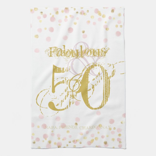 50 & Fabulous Birthday Elegant Pink & Gold Dots Kitchen Towel (Vertical)