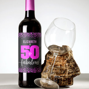 50 fabulous birthday hot pink dots black modern wine label