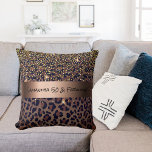50 & Fabulous Birthday leopard pattern glam name Throw Pillow<br><div class="desc">Elegant, cool, glamourous and feminine for a 50 & Fabulous Birthday gift with brown, golden and black leopard pattern, decorated with golden confetti. Personalize and add a name and age 50. A faux bronze metallic looking band. Black hand lettered style script, letters. Back: template for a date. Date of birth...</div>
