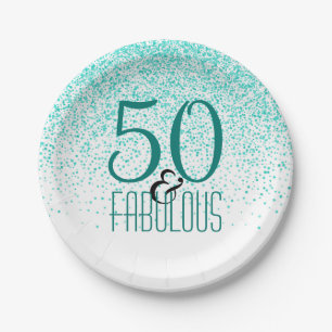 50 & Fabulous Birthday Party   Elegant 50th Teal Paper Plate
