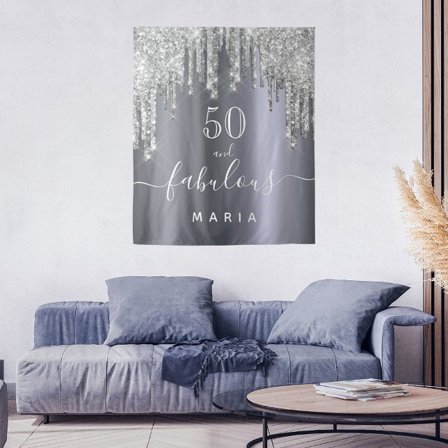 50 fabulous birthday party glitter silver sparkle tapestry (Creator Uploaded)
