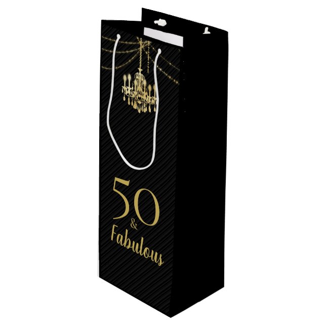 50 & Fabulous Birthday Party Golden Chandelier  Wine Gift Bag (Front Angled)