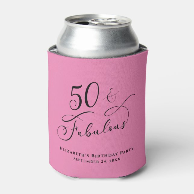 50 Fabulous Birthday Party Pink Personalized Can Cooler (Can Front)