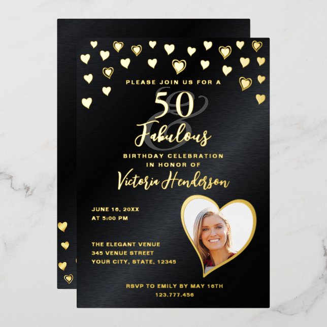 50 & Fabulous Birthday Photo Black & Gold (Front/Back)