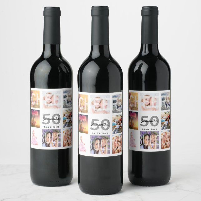 50 fabulous birthday photo collage white party wine label (Bottles)