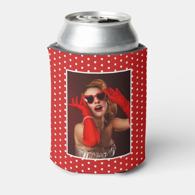 50 & Fabulous Birthday Photo Party Red & White Dot Can Cooler (Can Back)