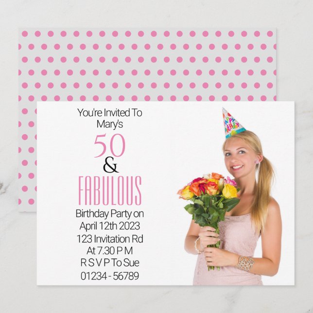 50 Fabulous Birthday Pink Black Text Invitation (Front/Back)